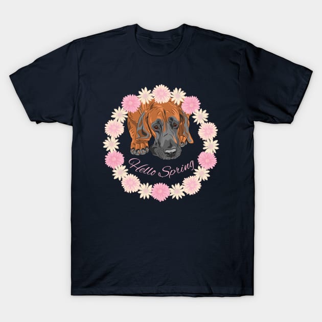 Hello Spring with Great Dane Dog in Flower Wreath T-Shirt by Seasonal Dogs